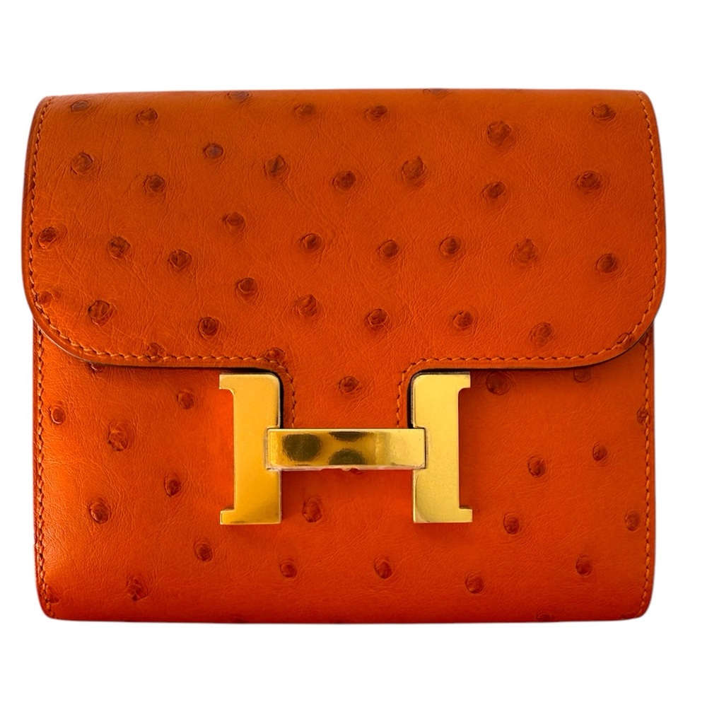 NEW RARE HERMES Constance Short Wallet w strap Orange Ostrich Leather Palladium